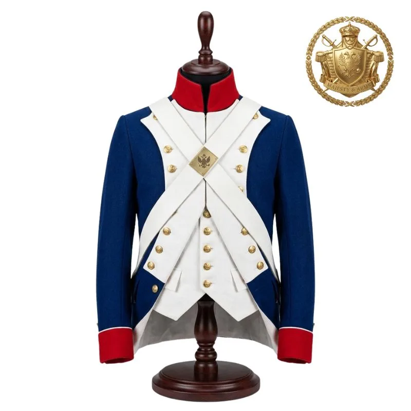 Napoleonic Russian Imperial Infantry Coatee Blue Wool Uniform with Gold Epaulettes and White Cross Belts Custom Made Military Jacket by BuiltCo Sports