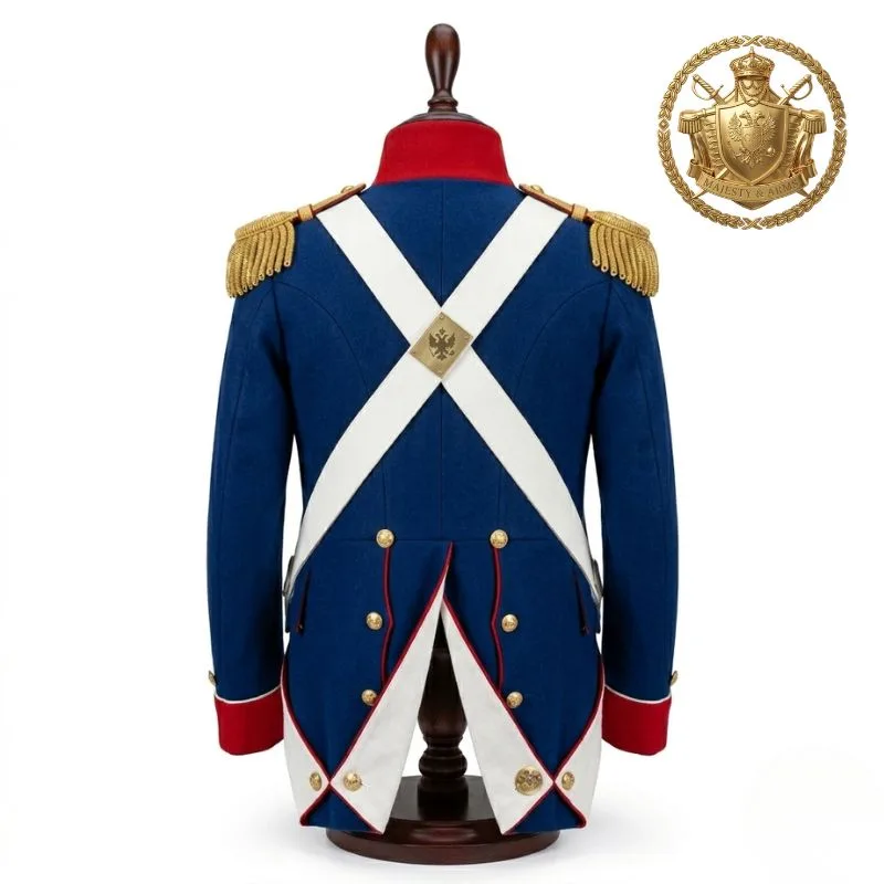 Napoleonic Russian Imperial Infantry Coatee Blue Wool Uniform with Gold Epaulettes and White Cross Belts Custom Made Military Jacket by BuiltCo Sports