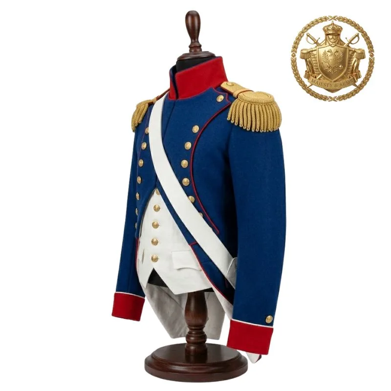 Napoleonic Russian Imperial Infantry Coatee Blue Wool Uniform with Gold Epaulettes and White Cross Belts Custom Made Military Jacket by BuiltCo Sports