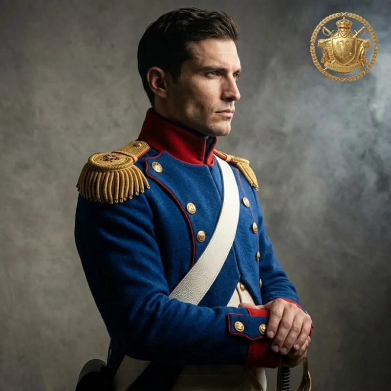 Napoleonic Russian Imperial Infantry Coatee Blue Wool Uniform with Gold Epaulettes and White Cross Belts Custom Made Military Jacket by BuiltCo Sports