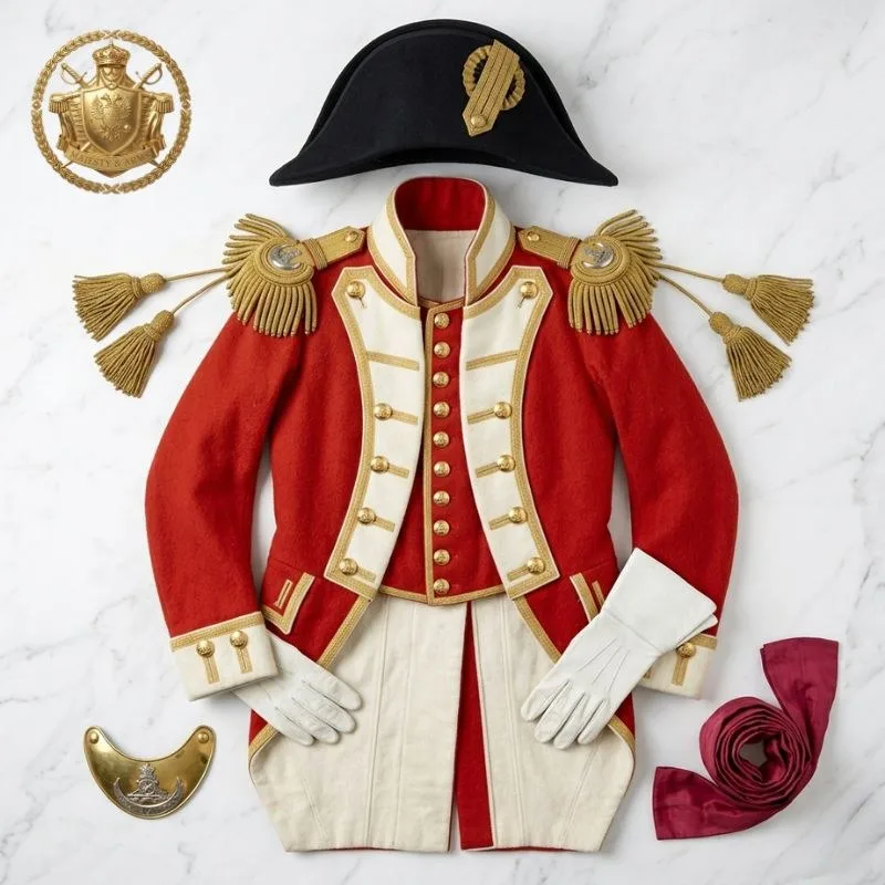 British Napoleonic Redcoat Officer Uniform – Scarlet Wool Coatee with Gold Epaulettes | Builtco Sports