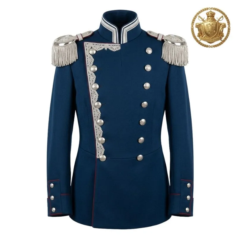 Prussian Royal Blue Military Tunic Jacket with Silver Epaulettes & Double-Breasted Buttons | Builtco Sports