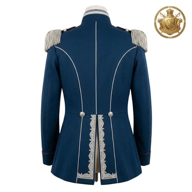 Prussian Royal Blue Military Tunic Jacket with Silver Epaulettes & Double-Breasted Buttons | Builtco Sports