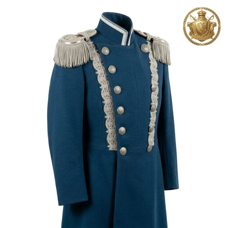 Prussian Royal Blue Military Tunic Jacket with Silver Epaulettes & Double-Breasted Buttons | Builtco Sports