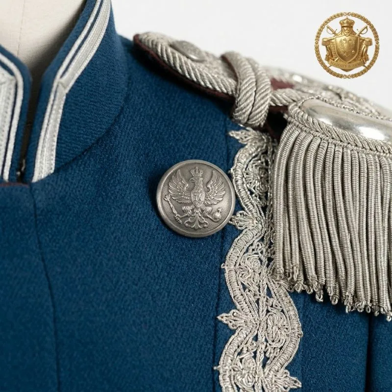 Prussian Royal Blue Military Tunic Jacket with Silver Epaulettes & Double-Breasted Buttons | Builtco Sports