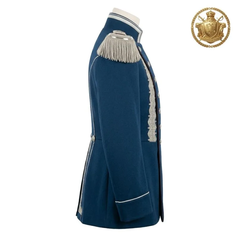Prussian Royal Blue Military Tunic Jacket with Silver Epaulettes & Double-Breasted Buttons | Builtco Sports