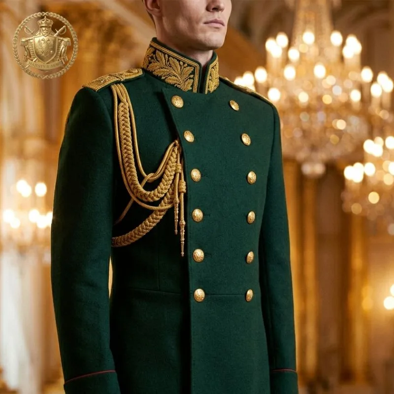 Men's Green & Gold Military Officer Dress Uniform Tunic Jacket