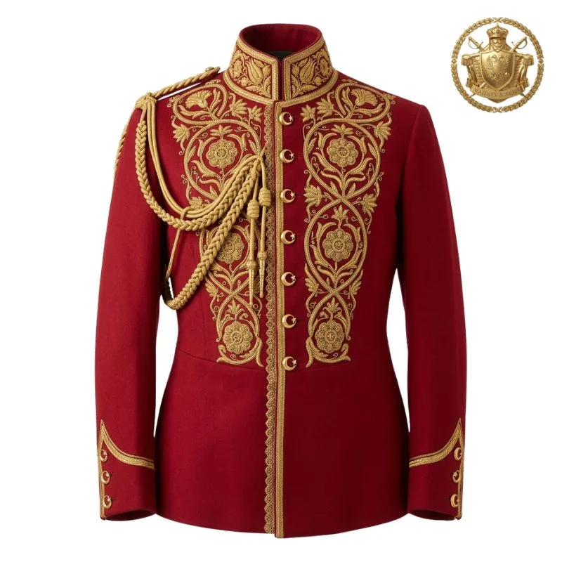 Men's Royal Red Military Jacket with Gold Embroidery & Aiguillette